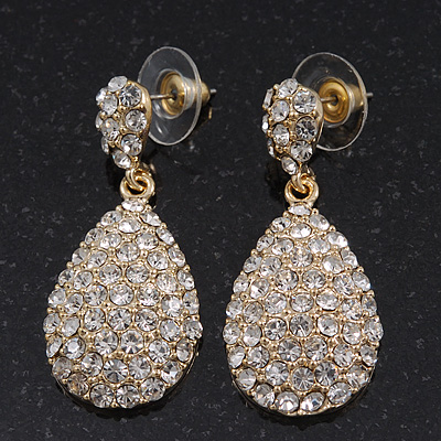 Bridal Clear Diamante Teardrop Earrings In Gold Plating - 4cm Length - main view