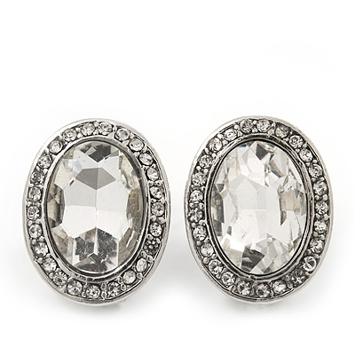 Small Oval Clear Glass Stud Earrings In Silver Plating - 2cm Length - main view