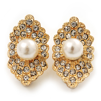 Exotic Diamante Faux Pearl Stud Earrings In Gold Plating - 2.5cm Length - main view