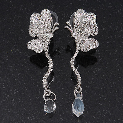 Delicate Clear Crystal Butterfly Drop Earrings - 5.5cm Length - main view