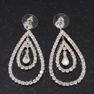 Bridal Clear Crystal Teardrop Earrings In Silver Plating - 5cm Length - main view