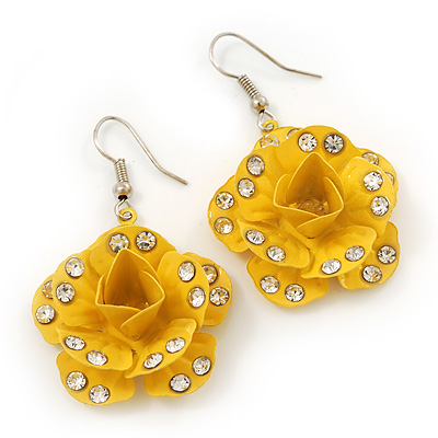 3D Bright Yellow Diamante 'Rose' Drop Earrings In Silver Plating - 5cm Length - main view