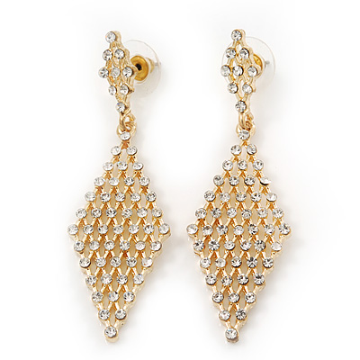 Clear Crystal Diamond Shape Drop Earrings In Gold Plating - 6.5cm Length - main view