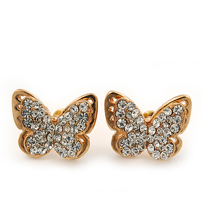 Gold Plated Swarovski Crystal 'Alegria' Butterfly Stud Earrings - 1.5cm - main view