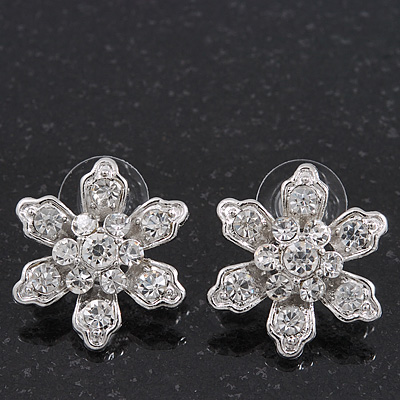 Rhodium plated Diamante 'Flower' Stud Earrings - 2.3cm Diameter - main view