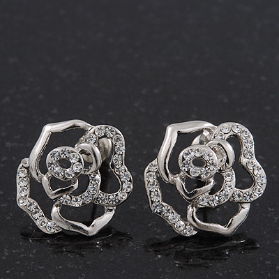 Silver Plated Crystal 'Bella Rosa' Rose Stud Earrings - 1.5cm - main view