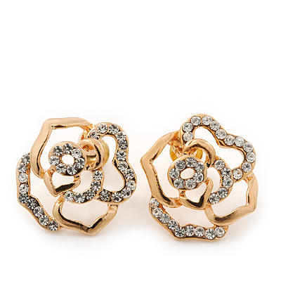Gold Plated Swarovski Crystal 'Bella Rosa' Rose Stud Earrings - 1.5cm - main view