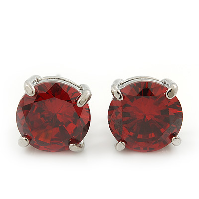 Ruby Red Coloured CZ Round Cut Stud Earrings In Rhodium Plating - 10mm Diameter - main view