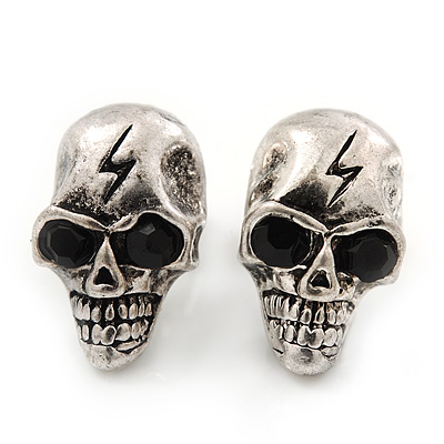 Small Burn Silver 'Skull With Lighting' Stud Earrings - 14mm Length - main view