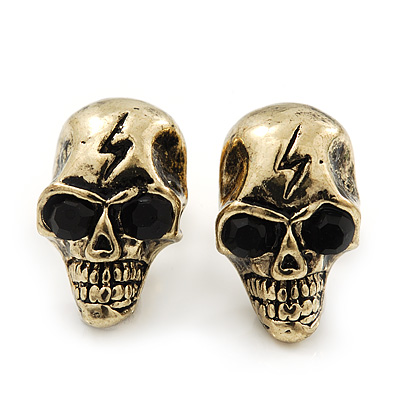Small Burn Gold Tone Metal 'Skull With Lighting' Stud Earrings - 14mm Length