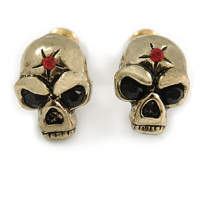 Small Skull With Red Stone Stud Earrings In Burn Gold Metal - 14mm Length