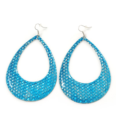 Woven Teardrop Statement Hoop Earrings (Azure Blue) - 10.5cm Length