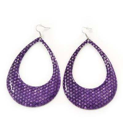 Woven Teardrop Statement Hoop Earrings (Purple) - 10.5cm Length