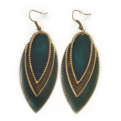 Vintage Dark Green/Brown Enamel 'Leaf' Drop Earrings In Bronze Tone - 7cm Length - main view