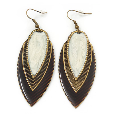 Vintage Milky White/Brown Enamel 'Leaf' Drop Earrings In Bronze Tone - 7cm Length - main view