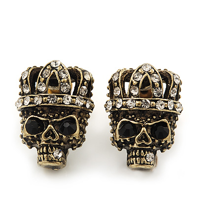 Small Diamante 'Skull In The Crown' Stud Earrings In Burn Gold Finish - 17mm Length - main view