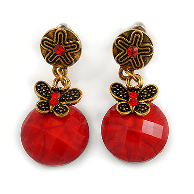 Delicate Red Acrylic Bead Butterfly Drop Earrings In Antique Gold Metal - 4cm Length - main view