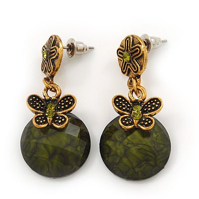 Delicate Olive Green Acrylic Bead Butterfly Drop Earrings In Antique Gold Metal - 4cm Length - main view