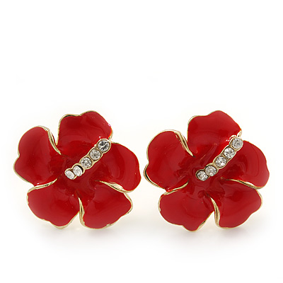 Hot Red Enamel Diamante 'Daisy' Stud Earrings In Gold Plating - 2cm Diameter - main view