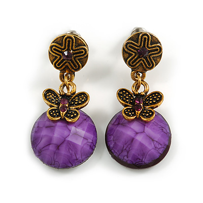 Delicate Violet Acrylic Bead Butterfly Drop Earrings In Antique Gold Metal - 4cm Length - main view