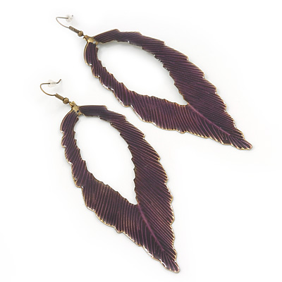 'Eve's Leaf' Dark Purple Enamel Drop Earrings In Burn Gold - 12cm Length - main view