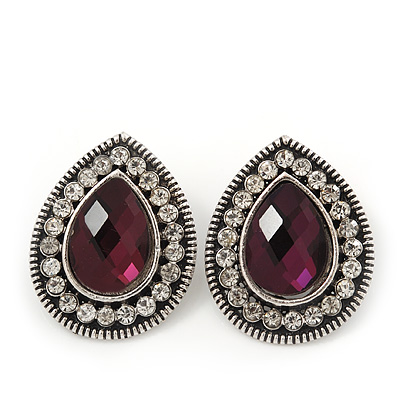Burn Silver Purple Jewelled Teardrop Stud Earrings - 3cm Length - main view