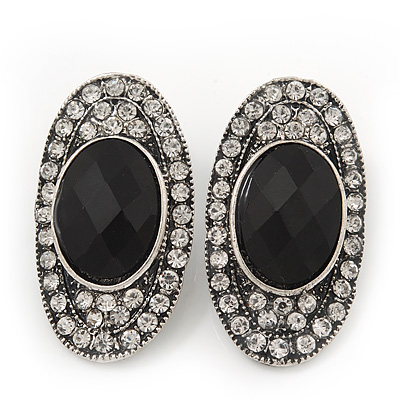 Burn Silver Black Jewelled Oval Stud Earrings - 3.5cm Length