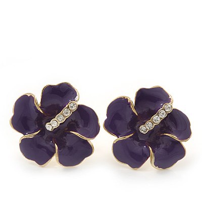 Deep Purple Enamel Diamante 'Daisy' Stud Earrings In Gold Plating - 2cm Diameter - main view
