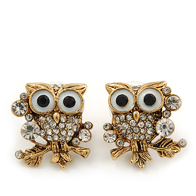 'Wise Owl' Crystal Paved Stud Earrings (Gold Plated) - 2cm Length - main view