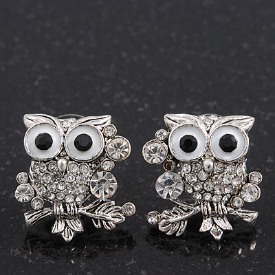 'Wise Owl' Crystal Paved Stud Earrings (Silver Plated) - 2cm Length