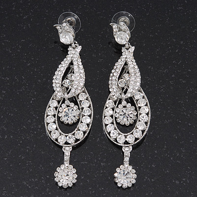 Rhodium Plated Crystal 'Let Me Count the Ways' Chandelier Earrings - 8.5cm Lenth - main view