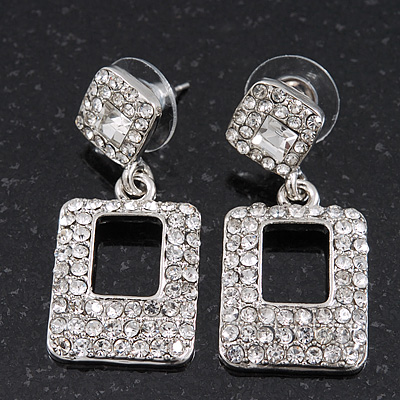 Rhodium Plated Square Drop Clear Crystal Earrings - 3.5cm - main view