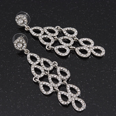 Rhodium Plated Clear Crystal 'Lacey' Chandelier Earrings - 8mm Length - main view