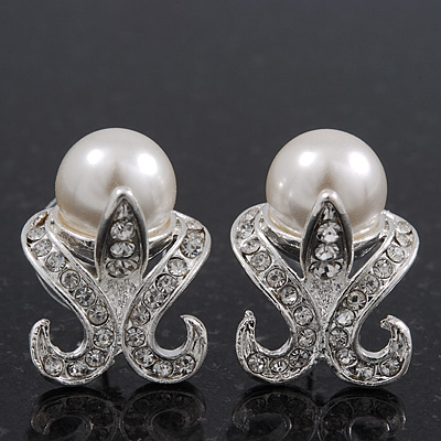 Bridal Diamante White Faux Pearl Stud Earrings In Rhodium Plating - 2cm Length - main view