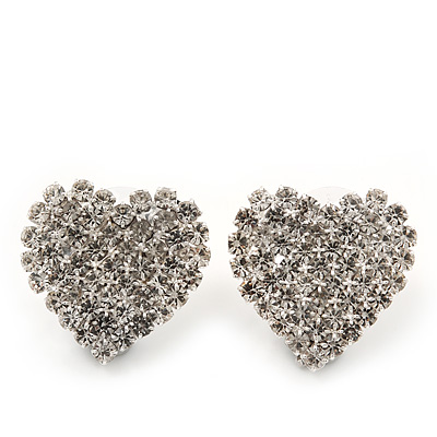 Romantic Pave-Set Diamante 'Heart' Stud Earrings In Silver Plating - 2cm Length - main view