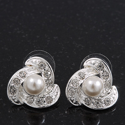 Bridal Crystal/Simulated Pearl Stud Earrings In Rhodium Plating - 18mm Diameter - main view