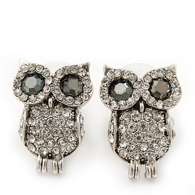Teen Diamante 'Owl' Stud Earrings In Rhodium Plating - 2cm Length - main view