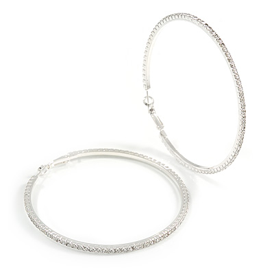 Oversized Slim Clear Crystal Hoop Earrings In Rhodium Plating - 7cm Diameter - main view