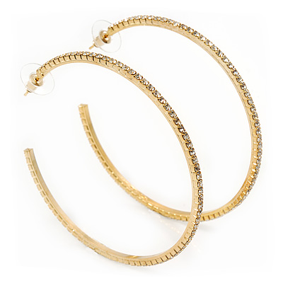 Large Slim Crystal Hoop Earrings In Gold Plating - 7cm Diameter - main view