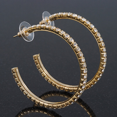 Clear Crystal Hoop Earrings In Gold Plating - 5cm Diameter - main view