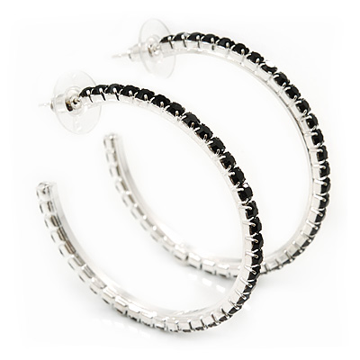 Jet Black Crystal Hoop Earrings In Rhodium Plating - 5cm Diameter