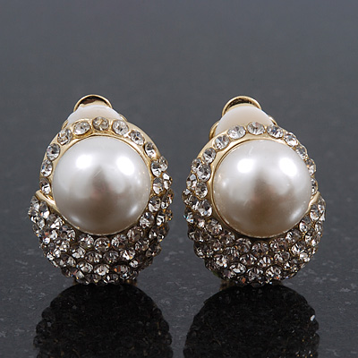Gold Plated Swarovski Crystal Simulated Pearl Clip On Earrings - 18mm Length - main view