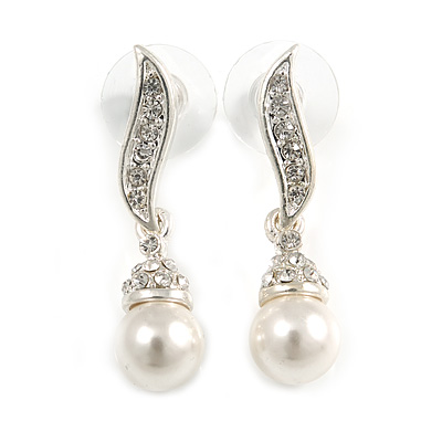 Prom Diamante Simulated Pearl Drop Earrings In Rhodium Plating - 3.5cm Length - main view