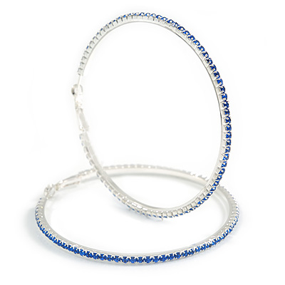 Oversized Slim Sapphire Blue Crystal Hoop Earrings In Rhodium Plating - 7cm Diameter - main view