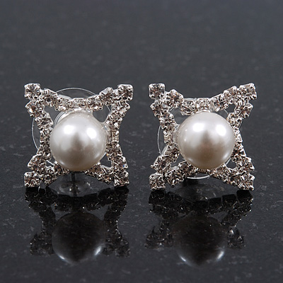 Clear Diamante White Simulated Pearl 'Star' Stud Earrings In Rhodium Plating - 15mm Diameter - main view