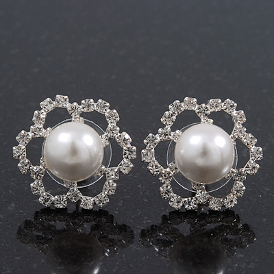 Clear Diamante Simulated Pearl 'Flower' Stud Earrings In Rhodium Plating - 2cm Diameter - main view