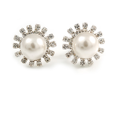 Bridal Diamante Faux Pearl Stud Earrings In Rhodium Plating - 17mm Diameter - main view