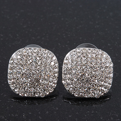 Clear Crystal Square Stud Earrings In Rhodium Plating - 2cm Diameter - main view