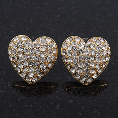 Clear Crystal Pave Set 'Heart' Stud Earrings In Gold Plating - 18mm Diameter - main view