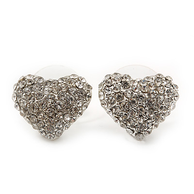 Small Crystal 'Heart' Stud Earrings In Rhodium Plating - 13mm Diameter - main view